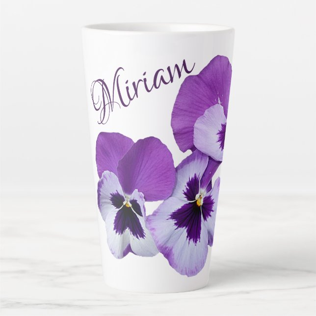  Purple pansy floral Miriam name customizable boho Latte Mug (Front)