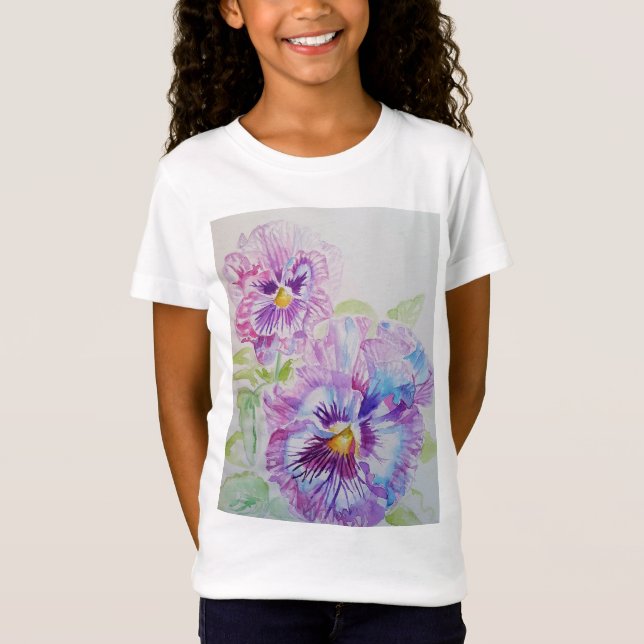 Purple Pansy floral watercolour art Girls T Shirt (Front)