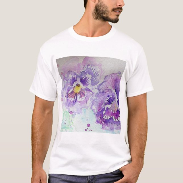 Purple Pansy Flower Floral Watercolor Painting T-Shirt (Front)