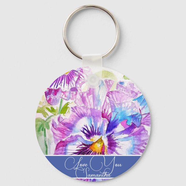 Purple Pansy Flower Floral Womans Name Love You Key Ring (Front)