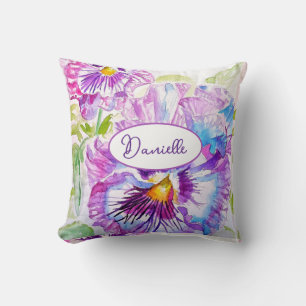 Purple Pansy Flower Pattern Watercolor Blue Girls Cushion