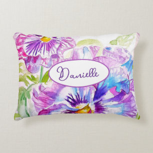 Purple Pansy Flower Pattern Watercolor Blue Girls Decorative Cushion