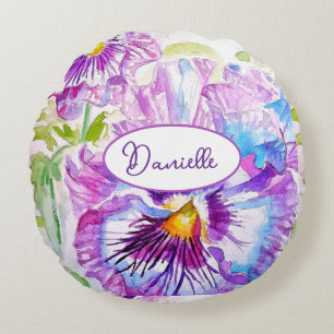 Purple Pansy Flower Pattern Watercolor Blue Girls Round Cushion