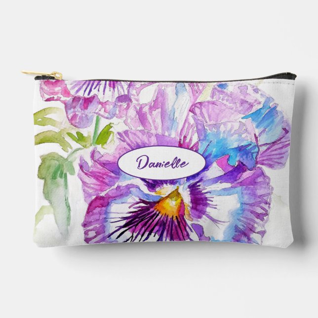 Purple Pansy Flower Pattern Watercolor Girls Accessory Pouch (Front)