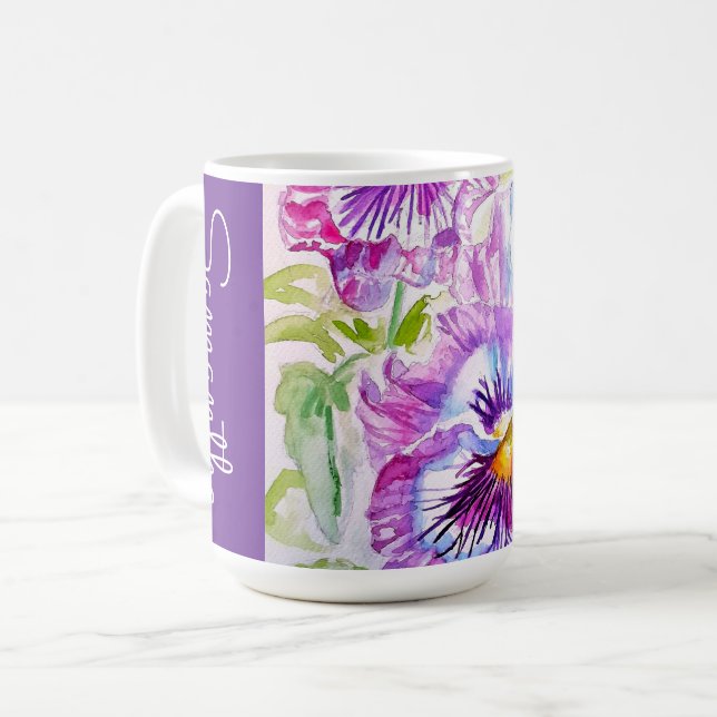Purple Pansy Flower Watercolor Womans Name Pansies Coffee Mug (Front Left)
