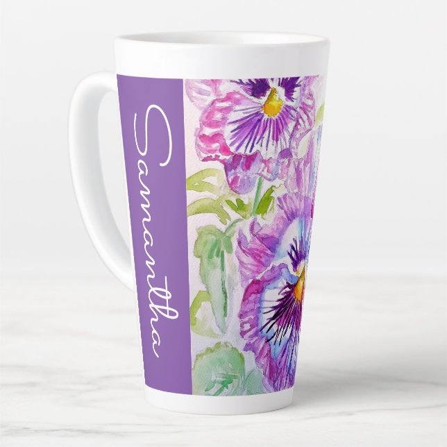 Purple Pansy Flower Watercolor Womans Name Pansies Latte Mug (Left Angle)