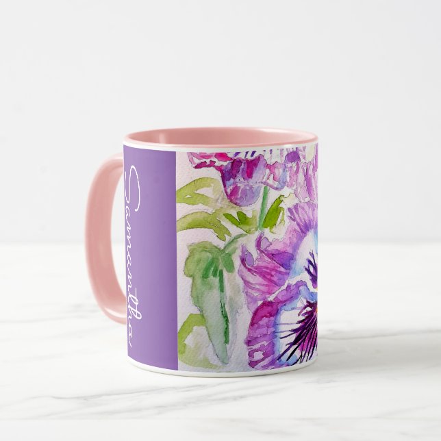 Purple Pansy Flower Watercolor Womans Name Pansies Mug (Front Left)