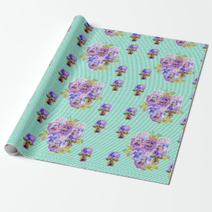 Purple Pansy flowers floral Aqua Stripe Wrapping Paper