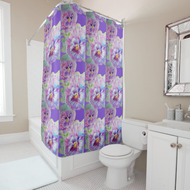 Purple Pansy flowers floral art Shower Curtain (In Situ)