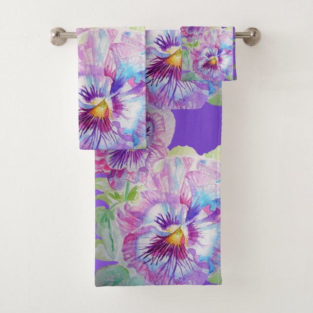 Purple Pansy Flowers Floral Bath Towel Set (Insitu)