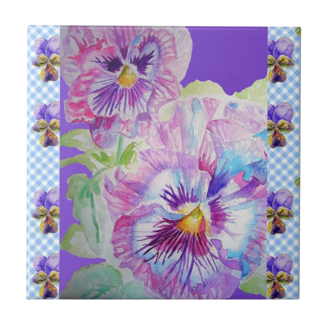 Purple Pansy Flowers watercolor viola Ceramic Tile (Front)