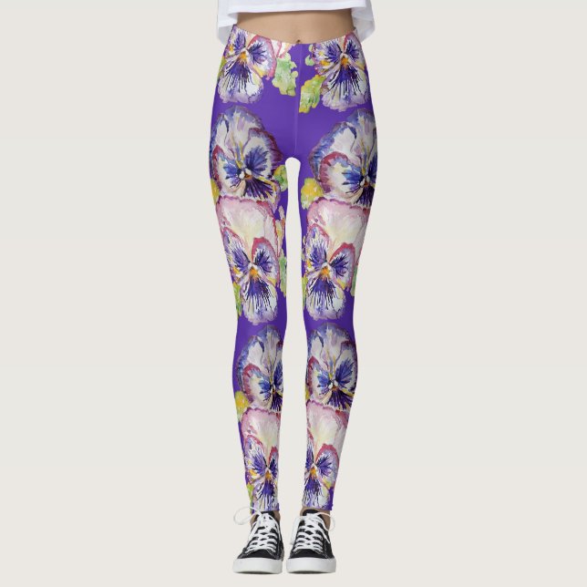 Purple Pansy Glorious Floral flower art Leggings (Front)