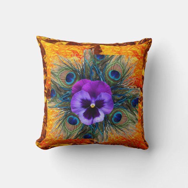PURPLE PANSY GREEN PEACOCK GOLD ART CUSHION (Front)