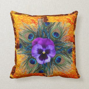 PURPLE PANSY GREEN PEACOCK GOLD ART CUSHION
