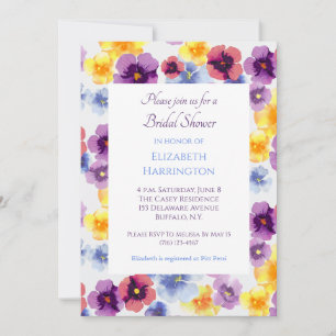 Purple Pansy Hand-Illustrated Floral Bridal Shower Invitation