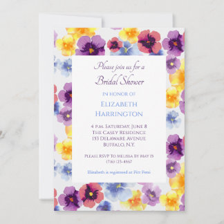 Purple Pansy Hand-Illustrated Floral Bridal Shower Invitation