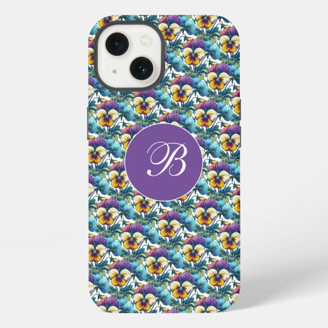 Purple Pansy Patch Girly Monogram Floral Pattern  iPhone Case (Back)