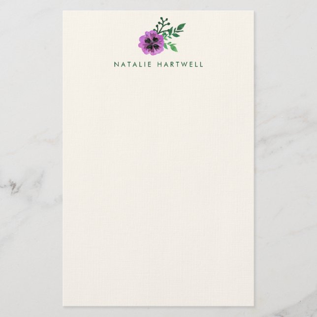 Purple Pansy Personalised Linen Stationery (Front)