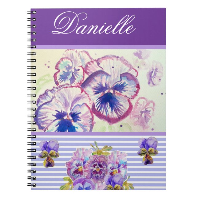 Purple Pansy Shabby Chic Watercolor Pink Blue Notebook (Front)