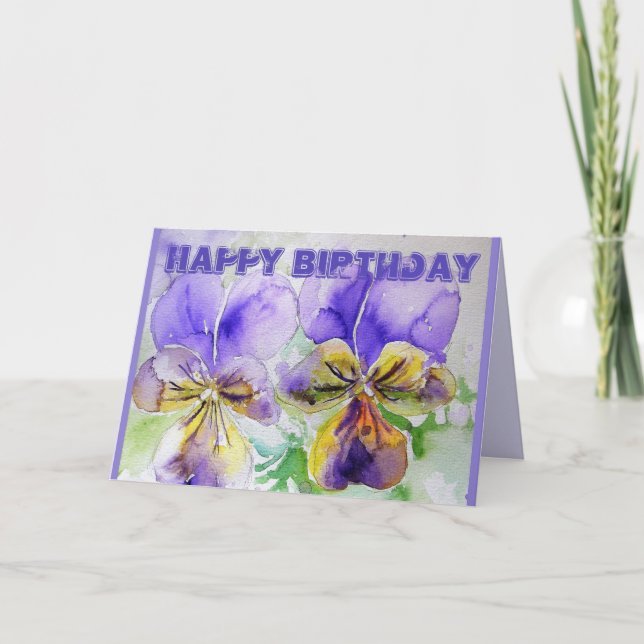 Purple Pansy Viola Watercolor Birthday Card (Front)