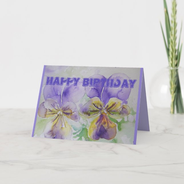 Purple Pansy Viola Watercolor Birthday Card (Front)