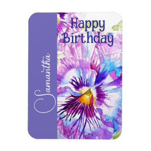 Purple Pansy Watercolor Flower Girls Name Birthday Magnet