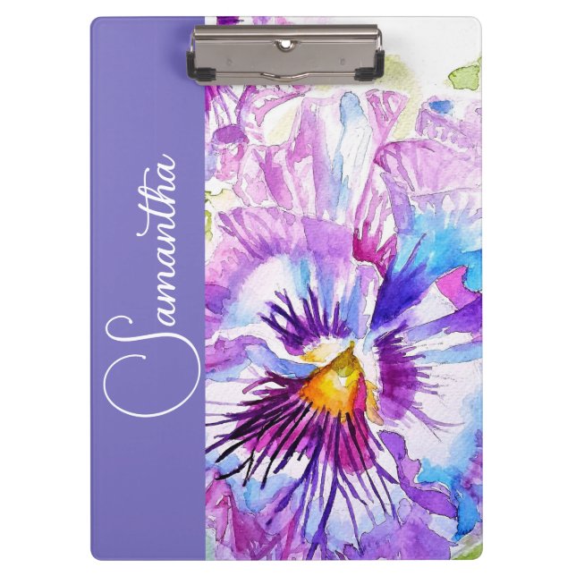 Purple Pansy Watercolor Flower Girls Name Floral Clipboard (Front)