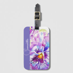 Purple Pansy Watercolor Flower Girls Name Floral Luggage Tag