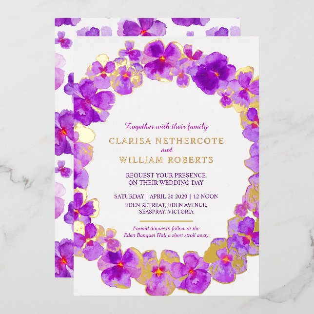 Purple pansy watercolor flower wedding gold (Front/Back)