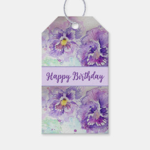 Purple Pansy Watercolor Happy Birthday Gift Tag