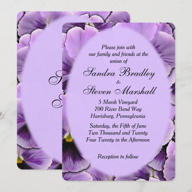 Purple Pansy Wedding Invitation (Front/Back)