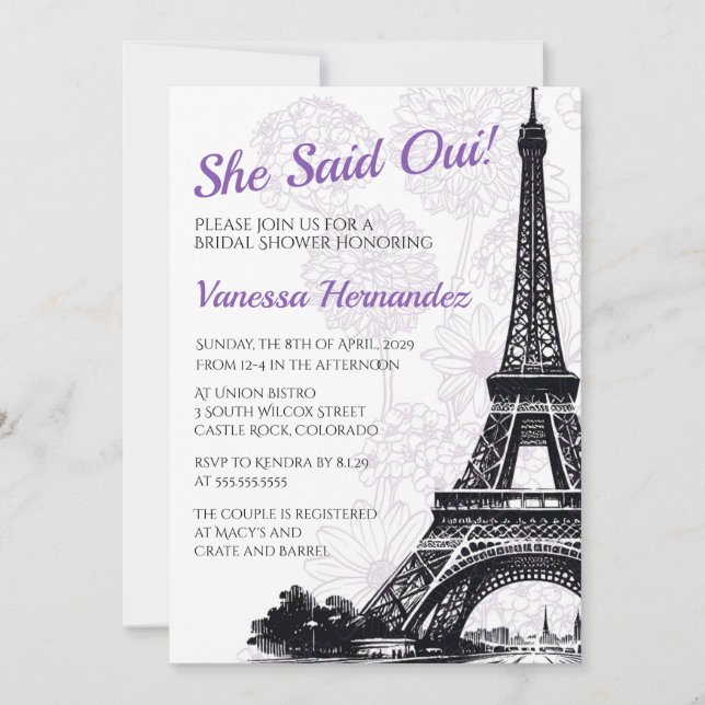 Purple Paris Flowers Bridal Shower Invitation (Front)