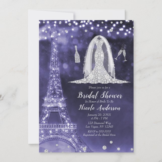 Purple Paris Night Diamond Dress Bridal Shower   Invitation (Front)