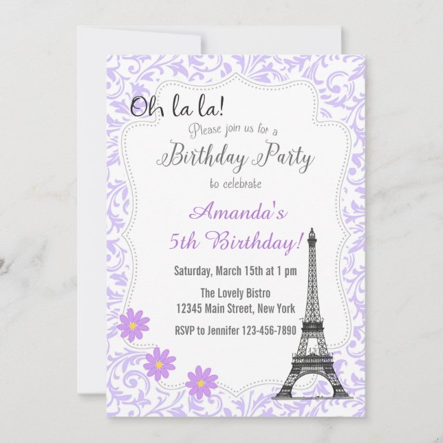 Purple Paris Romantic Birthday Invitation (Front)
