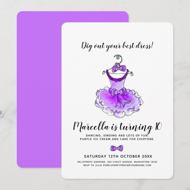 Purple party dress girls 10th birthday party invitation (Front/Back)