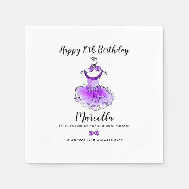 Purple party dress girls 10th birthday party napkin (Front)