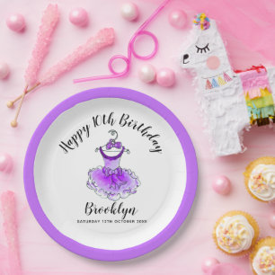 Purple party dress girls 10th birthday party paper plate