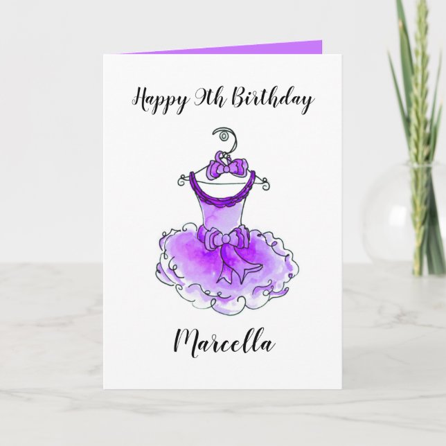 Purple party dress inked art girls birthday card (Front)