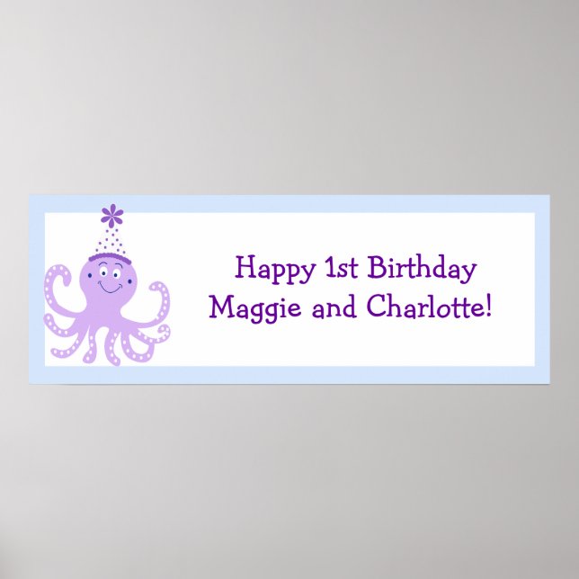 Purple Party Octopus Birthday Banner Customised Poster (Front)