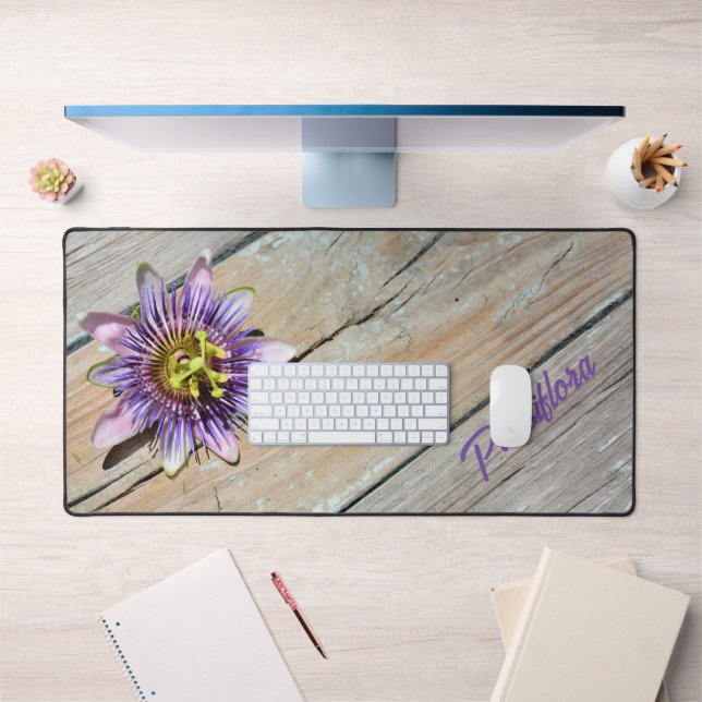 Purple Passiflora Blossom Weathered Wood Rustic Desk Mat (Office 1)