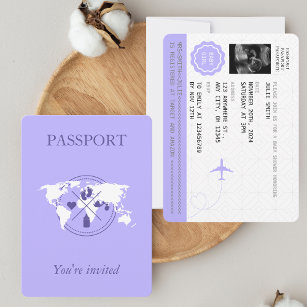 Purple Passport Travel Girl Baby Shower World Map  Invitation