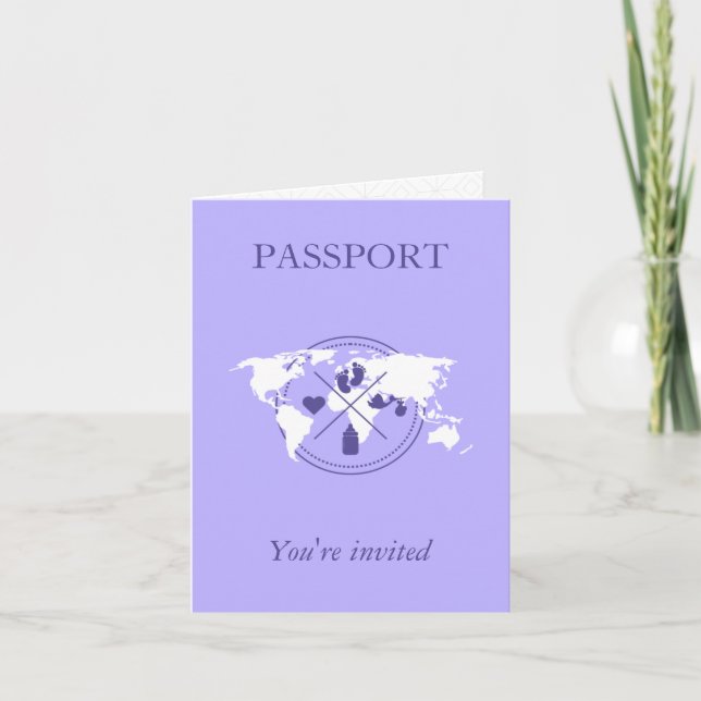 Purple Passport Travel Girl Baby Shower World Map Invitation (Front)