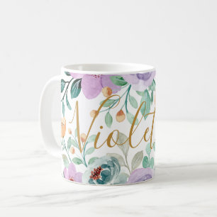 Purple Pastel Flowers Watercolor Floral Add Name Coffee Mug