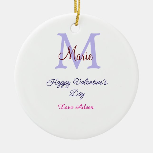 Purple pastel happy Valentine's day pink monogram  Ceramic Tree Decoration (Front)