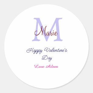 Purple pastel happy Valentine's day pink monogram Classic Round Sticker