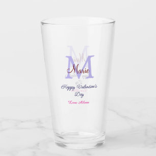 Purple pastel happy Valentine's day pink monogram  Glass