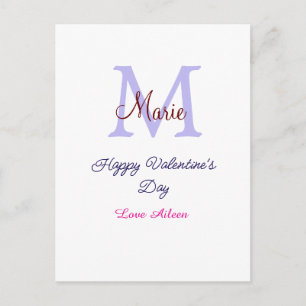 Purple pastel happy Valentine's day pink monogram  Holiday Postcard