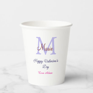 Purple pastel happy Valentine's day pink monogram Paper Cups