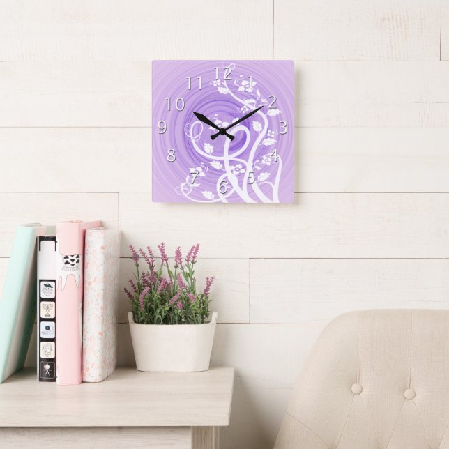 Purple Pastel Spirals, Filigree & Flowers Square Wall Clock (Reading Room)