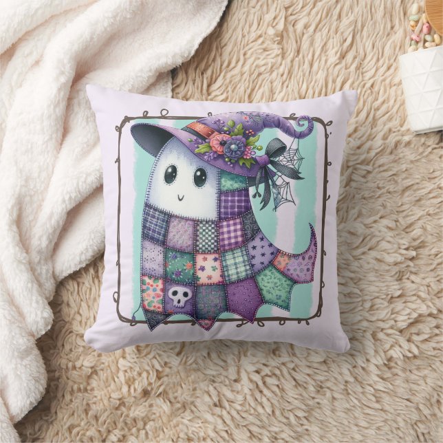 Purple Patchwork Ghost Halloween – Spooky Decor Cushion (Blanket)
